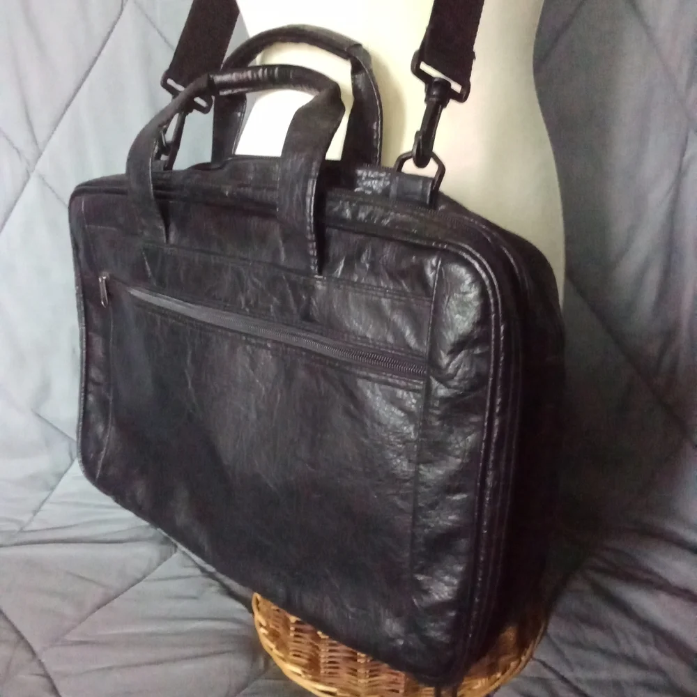 Vintage Black Leather Briefcase Style Crossbody Bag Stylish Laptop Carrying Bag